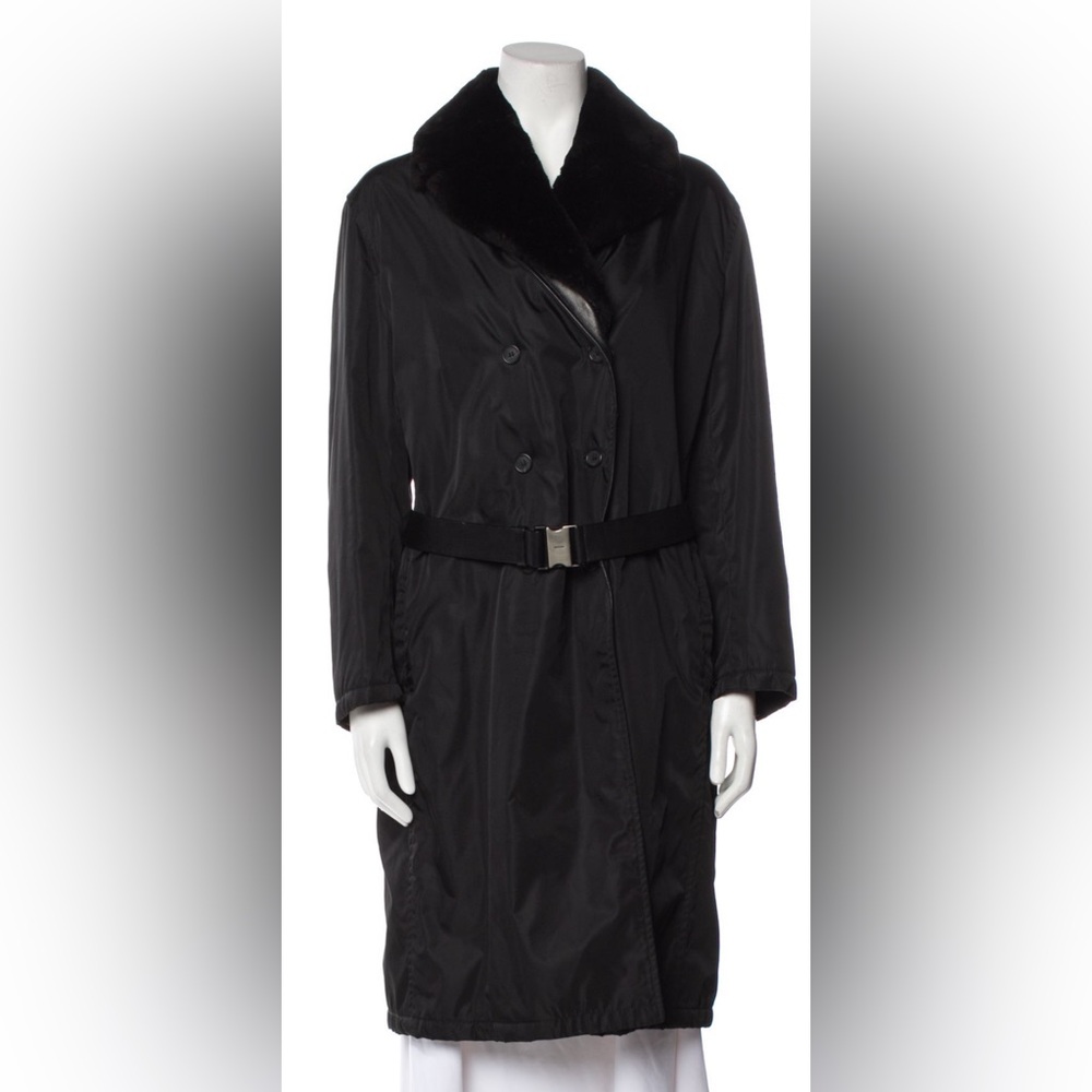 Prada Vintage Fall/Winter 1994 Black Nylon Trench Coat With Fur collar IT 44/M